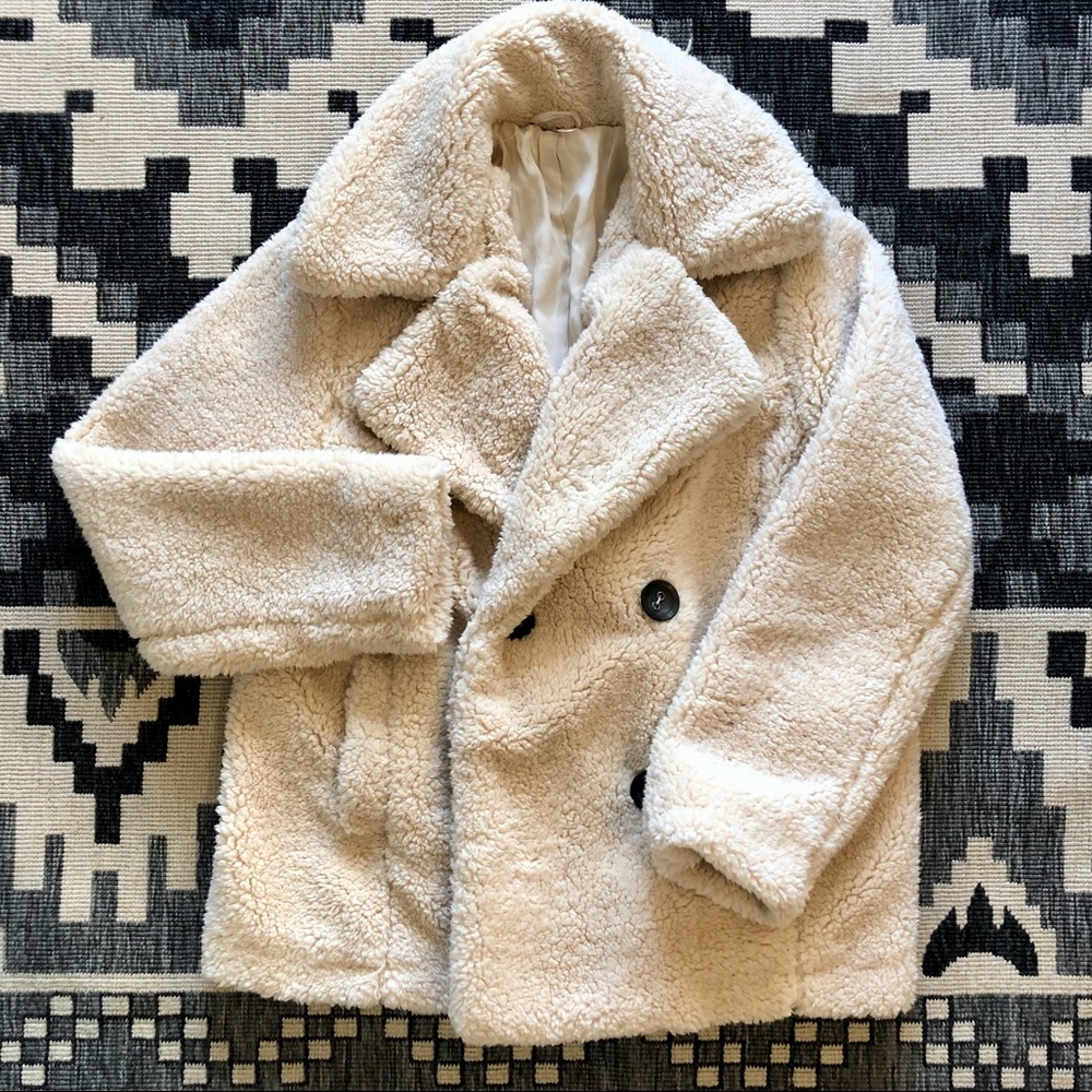 NWOT Free People Oversize White Minimal Boho Sherpa Teddy Pea Coat Size S